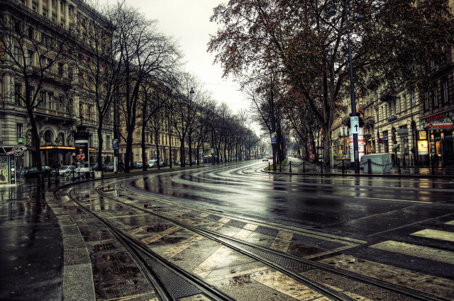 Wet street train track building free wallpaper - medium preview image