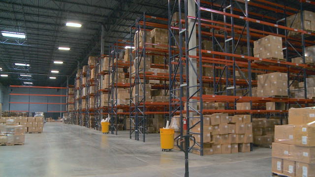 Warehouse boxes forklift center aisle free wallpaper - medium preview image