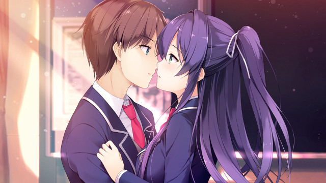 Couple kissing window snow falling free wallpaper - medium preview image