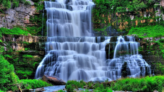 Waterfall cascading water lush green free wallpaper - medium preview image