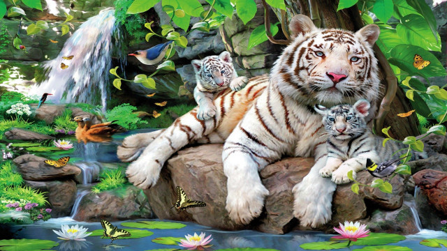 Tiger cubs forest waterfall flowers free wallpaper - medium preview image