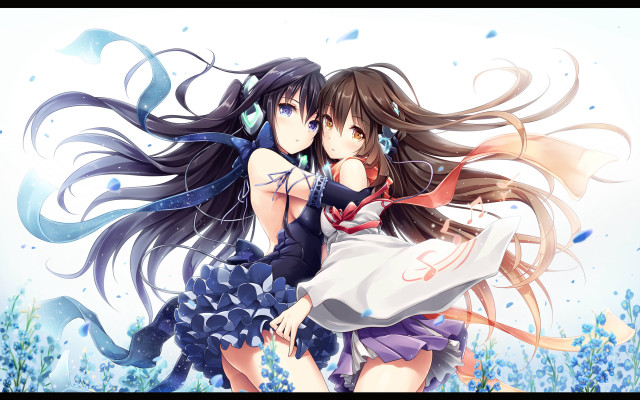 Anime girls hugging field flowers free wallpaper - medium preview image