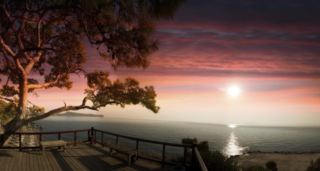 Deck bench tree sunset water free wallpaper - medium preview image