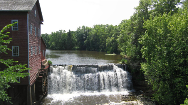 Waterfall river trees red building free wallpaper - medium preview image