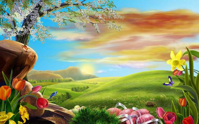 Flowers tree butterfly painting beautiful free wallpaper - medium preview image