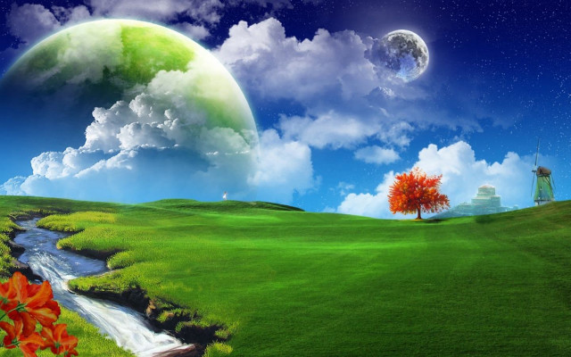 Green landscape stream tree windmill #3 free wallpaper - medium preview image