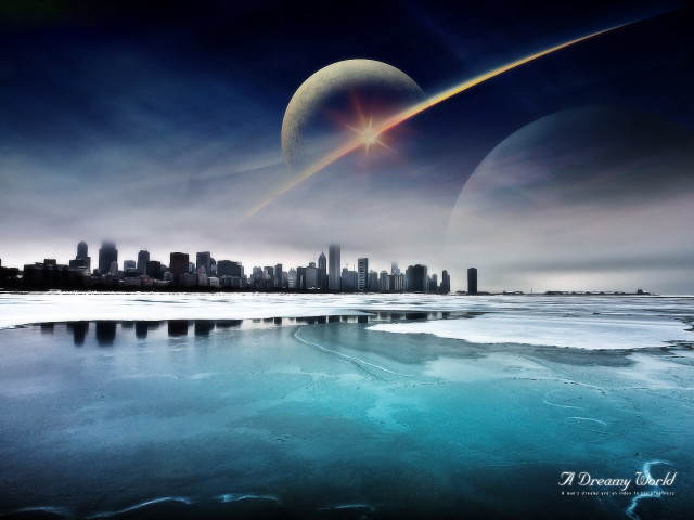 City skyline distant object water free wallpaper - medium preview image