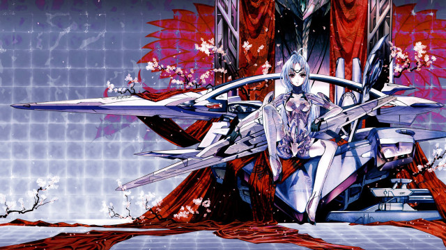 Futuristic woman red curtain sword free wallpaper - medium preview image