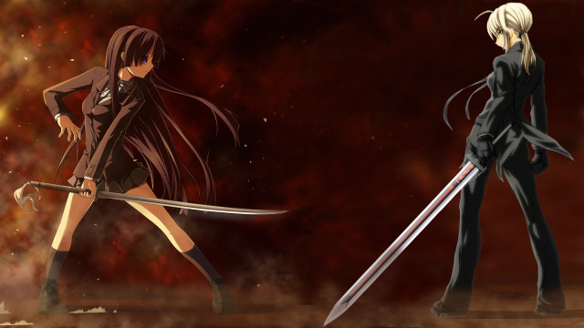 Anime characters swords red background free wallpaper - medium preview image