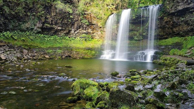 Waterfall forest moss rocks sunlight free wallpaper - medium preview image
