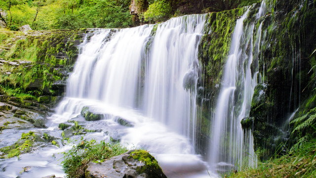 Waterfall lush green trees rocks free wallpaper - medium preview image