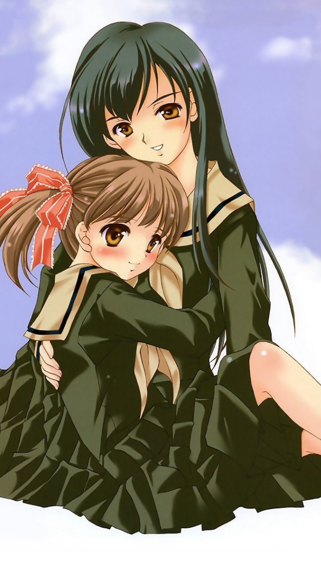 Anime girls hugging snow sky free wallpaper - medium preview image