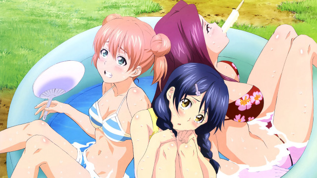 Three anime girls pool frisbee free wallpaper - medium preview image