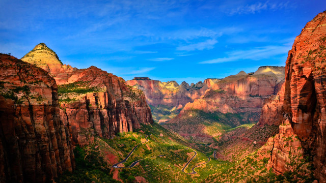 Scenic valley mountains trees blue free wallpaper - medium preview image