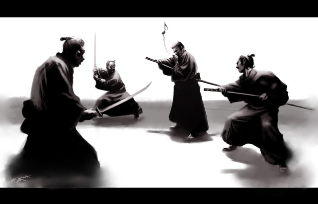 Kimonos swords masks group people free wallpaper - medium preview image