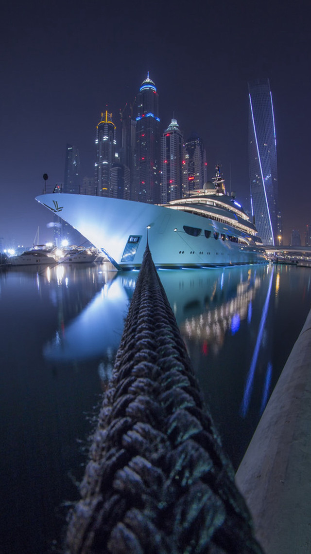 Boat docked harbor night city free wallpaper - medium preview image