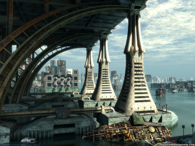Futuristic city bridge boat water free wallpaper - medium preview image