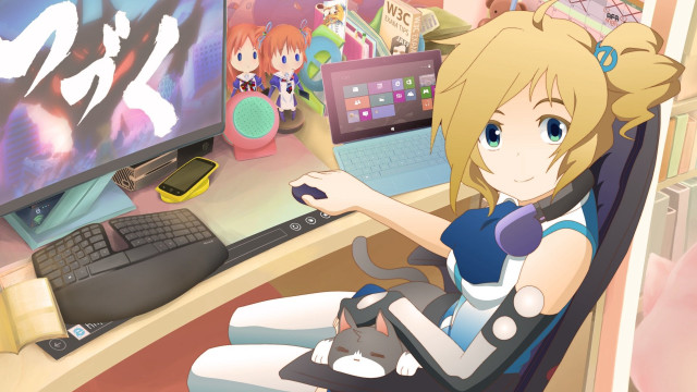 Girl chair cat computer screen free wallpaper - medium preview image