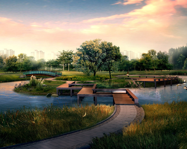 Park benches bridge river boat free wallpaper - medium preview image