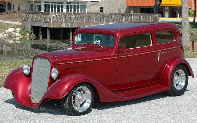 Red car dock bridge house free wallpaper - medium preview image