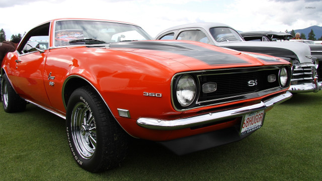Red car parked lush green free wallpaper - medium preview image
