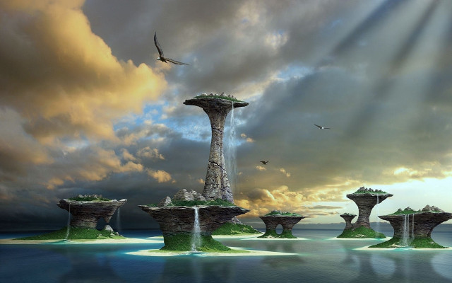 Surreal fountain birds flying sky free wallpaper - medium preview image