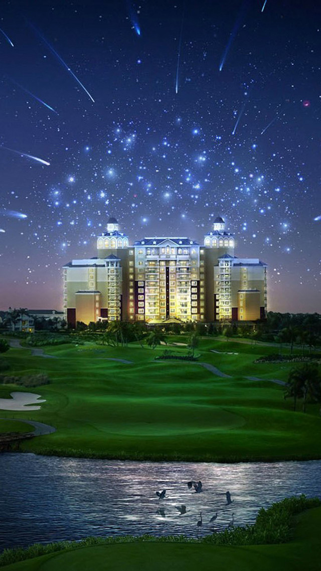 Night golf course building pond free wallpaper - medium preview image