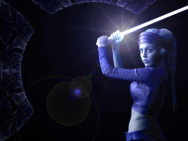 Woman blue outfit sword black free wallpaper - medium preview image