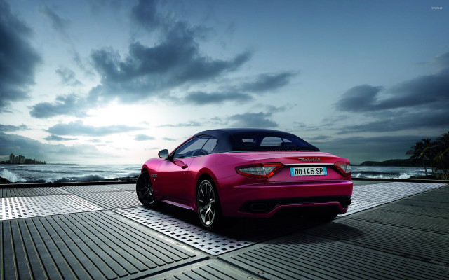 Pink sports car boardwalk ocean free wallpaper - medium preview image