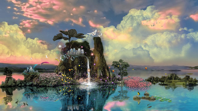 Small island waterfall painting nature free wallpaper - medium preview image