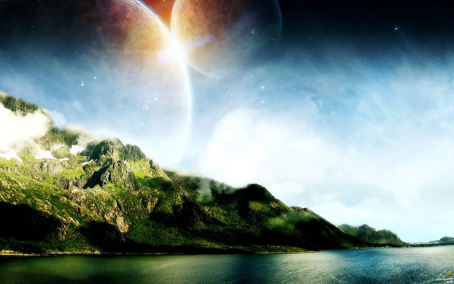Planet mountains water aurora night free wallpaper - medium preview image