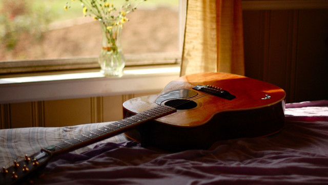 Guitar bed window vase flowers free wallpaper - medium preview image
