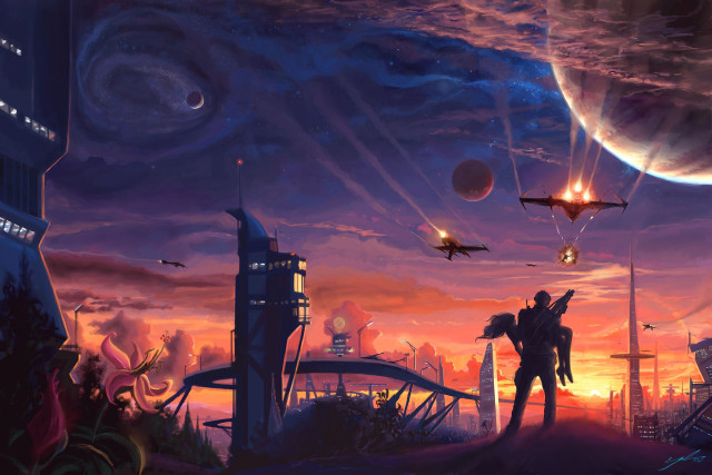 Couple sunset city spaceship sky free wallpaper - medium preview image