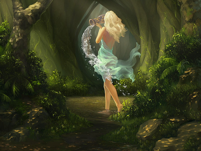 Woman green dress forest stream #2 free wallpaper - medium preview image
