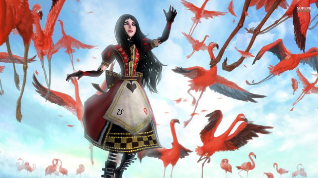 Woman dress flamingos flying sky free wallpaper - medium preview image