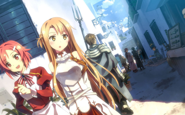 Anime girls building sword man free wallpaper for desktop - medium preview image