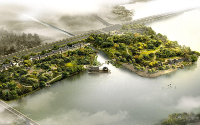 Lake trees bridge road building free wallpaper - medium preview image