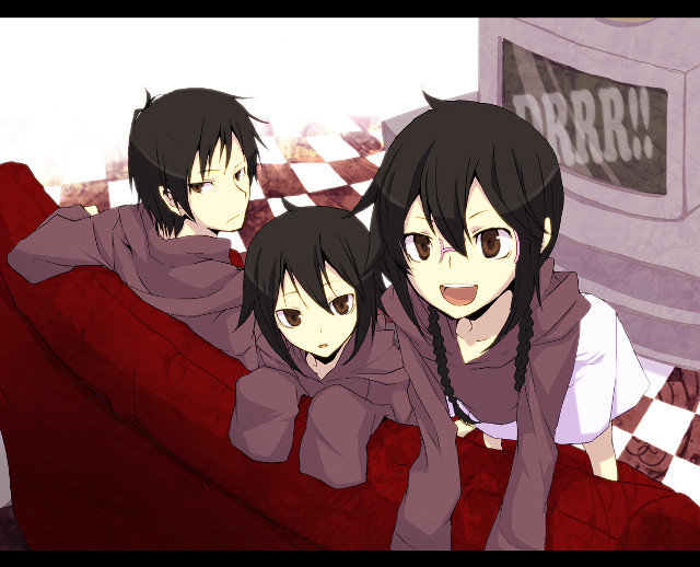 Anime characters couch checkered floor free wallpaper - medium preview image