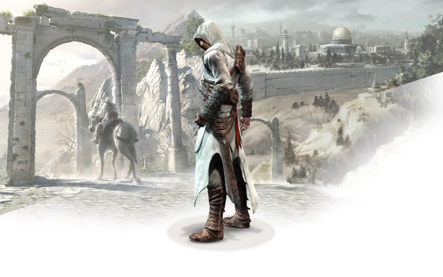 Man white outfit city horse free wallpaper - medium preview image