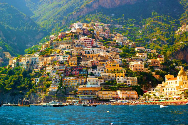 Mountain houses ocean boats scenery free wallpaper - medium preview image