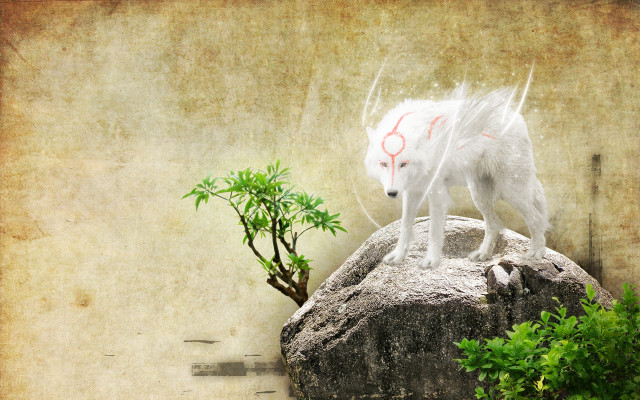 White wolf statue rock tree free wallpaper - medium preview image