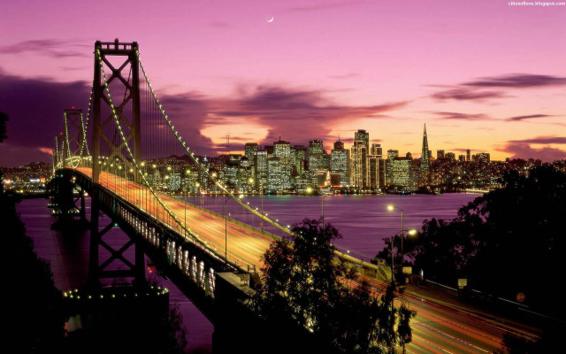 Bridge city night lights purple free wallpaper for desktop - medium preview image