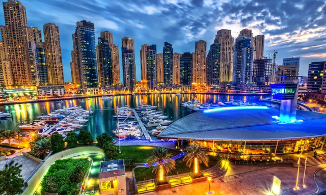 City skyline harbor boats night free wallpaper - medium preview image