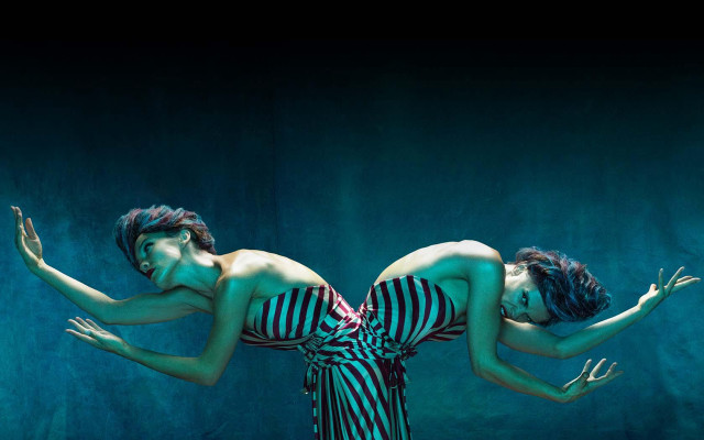 Two women striped dresses floating free wallpaper - medium preview image