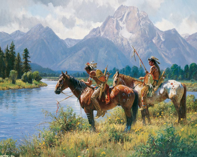 Native american men horses river free wallpaper - medium preview image