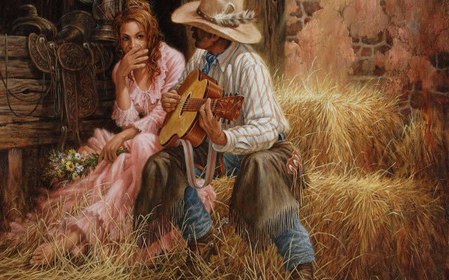 Man woman hayfield guitar cowboyhat free wallpaper - medium preview image