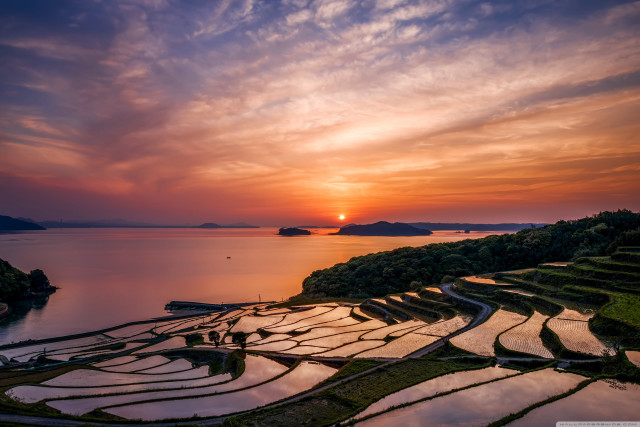 Sunset ricefield lake mountain water free wallpaper - medium preview image