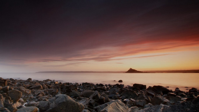 Rocky beach sunset water outcropping free wallpaper - medium preview image