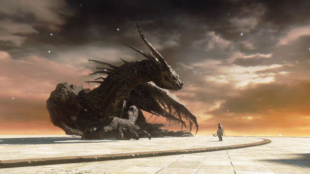 Giant dragon man sidewalk cloudy free wallpaper - medium preview image
