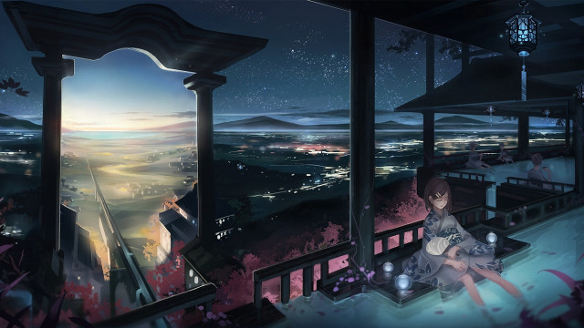 Woman balcony city night view free wallpaper - medium preview image